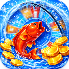 Icy Fishing app icon showing orange fish jumping from icy blue water with golden coins